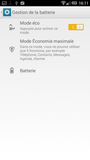 Pour activer Mode Économie maximale, retournez au menu Gestion de la batterie et sélectionnez Mode Économie maximale