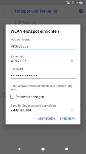 Geben Sie eine WLAN-Hotspot-Passwort mit mindestens 8 Zeichen ein und wählen Sie SPEICHERN