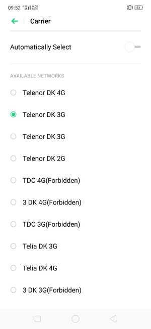 Select a network operator from the list
