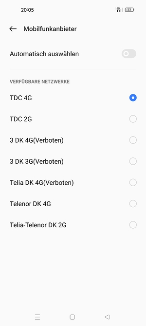 Wählen Sie einen Netzbetreiber von der Liste