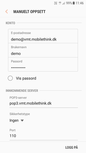 Skriv inn Brukernavn og innkommende serveradresse