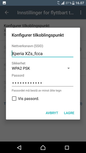 Skriv inn et Wi-Fi hotspot-passord på minst 8 tegn og velg LAGRE
