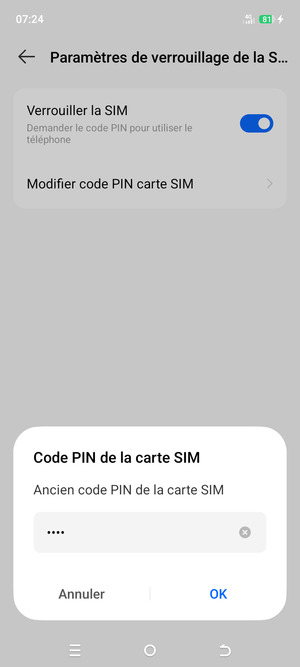 Saisissez votre Ancien code PIN de la carte SIM et sélectionnez OK