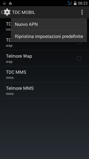 Seleziona il tasto Menu e poi Nuovo APN