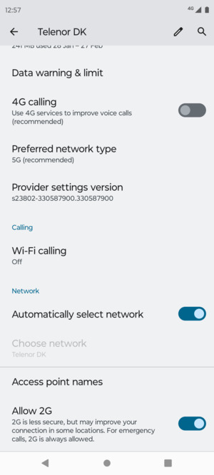 Scroll to and select Preferred network type