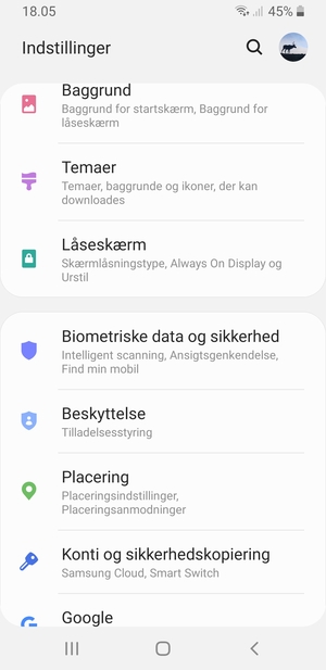 Scroll til og vælg Biometriske data og sikkerhed
