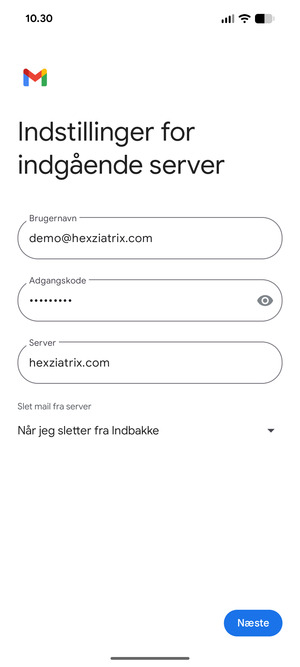 Indtast Brugernavn og indgående serveradresse. Vælg Næste