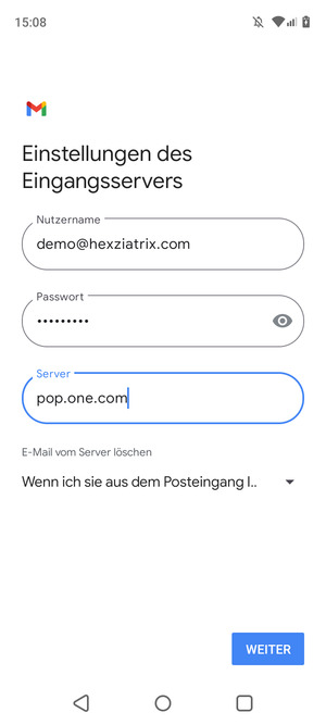 Geben Sie Benutzername und die Server-Adresse für eingehende Post ein. Wählen Sie WEITER