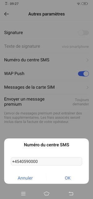 Saisissez le numéro du Numéro du centre SMS et sélectionnez OK