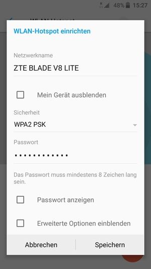 Geben Sie eine WLAN-Hotspot-Passwort mit mindestens 8 Zeichen ein und wählen Sie Speichern