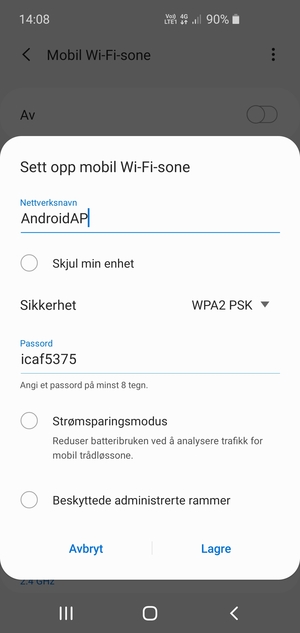 Skriv inn et passord på minst 8 tegn og velg Lagre