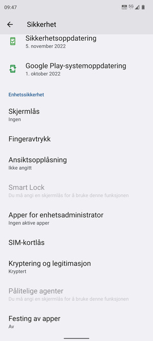 For å bytte PIN-koden til SIM-kortet, bla til og velg SIM-kortlås