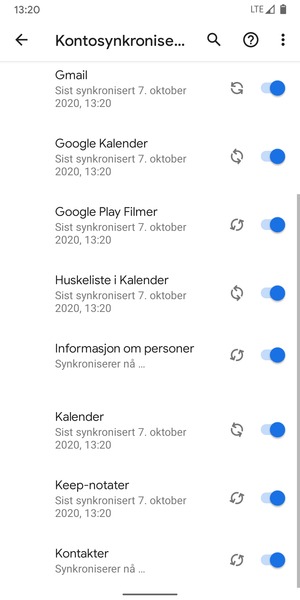Dine kontakter fra Google vil synkroniseres til telefonen din