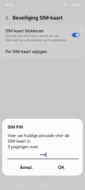 Voer uw Huidige pincode voor de SIM-kaart in en selecteer OK