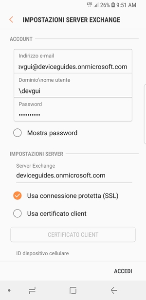 Inserisci Nome utente e l'indirizzo del server Exchange. Seleziona ACCEDI