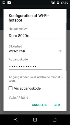 Indtast en Wi-Fi-hotspot adgangskode på minimum 8 tegn og vælg GEM