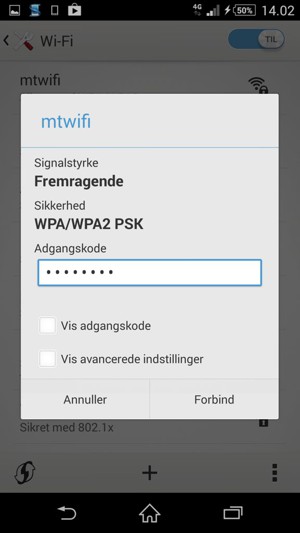Indtast Wi-Fi adgangskoden og vælg Forbind