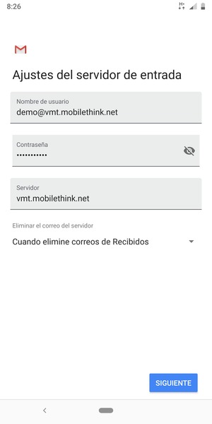Introduzca Nombre de usuario y la dirección de servidor entrante. Seleccione SIGUIENTE