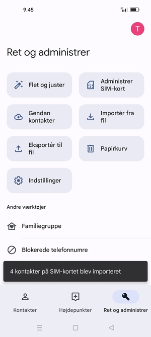 Dine kontakter vil blive gemt på din Google konto og gemt på din telefon næste gang Google synkroniseres.