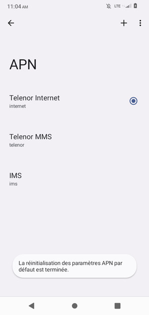 Votre téléphone va être réinitialisé avec les paramètres Internet et MMS par défaut