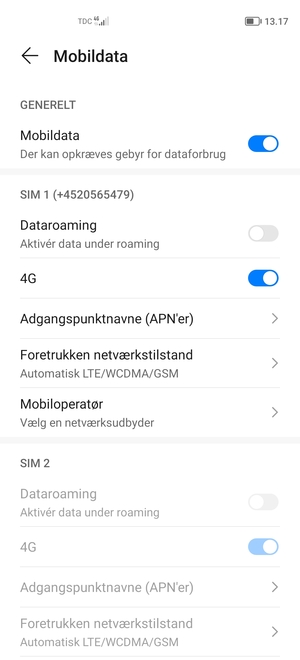 Scroll til SIM 1 eller SIM 2 og vælg Adgangspunktnavne (APN'er)