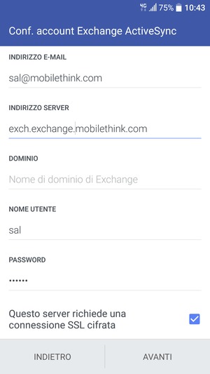 Inserisci l'indirizzo del server Exchange e Nome utente. Seleziona AVANTI