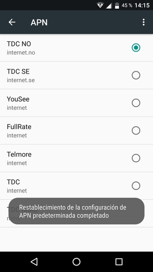 El teléfono se reiniciará con la configuración predeterminada de Internet y MMS