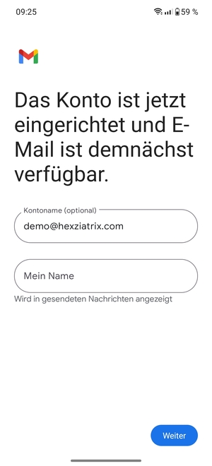 Geben Sie Ihrem Konto einen Namen und geben Sie Ihren Namen ein. Wählen Sie Weiter