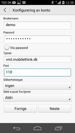 Skriv inn Brukernavn og innkommende serveradresse. Velg Neste