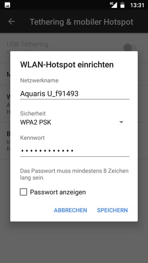 Geben Sie eine WLAN-Hotspot-Passwort mit mindestens 8 Zeichen ein und wählen Sie SPEICHERN