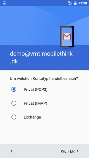 Wählen Sie Privat (POP3) oder Privat (IMAP) und wählen Sie WEITER