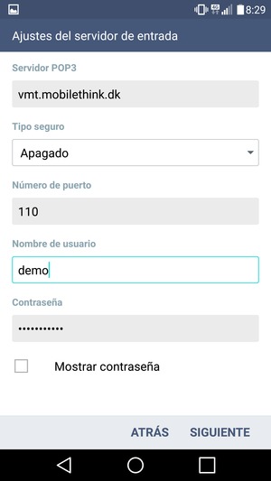 Introduzca dirección del servidor entrada y Nombre de usuario. Seleccione SIGUIENTE