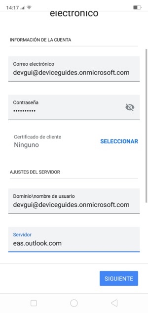 Introduzca Nombre de usuario y la dirección de servidor Exchange. Seleccione SIGUIENTE