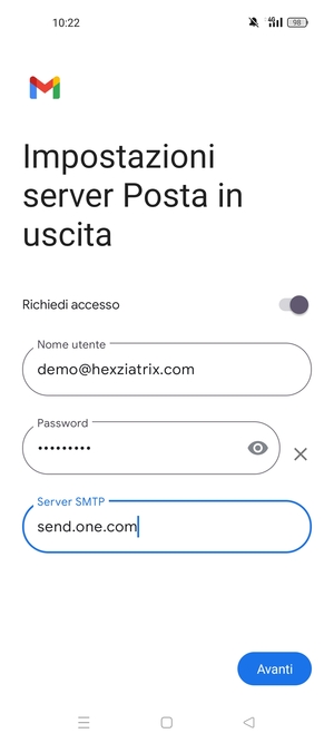 Inserisci l'indirizzo del server di posta in uscita e seleziona Avanti
