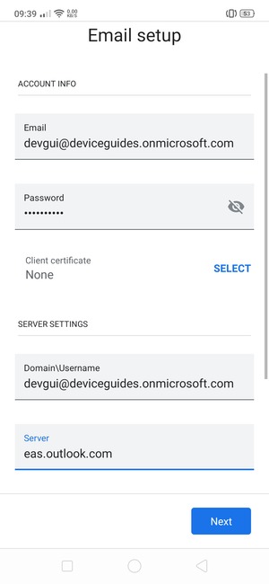Enter Username and Exchange server address. Select NEXT