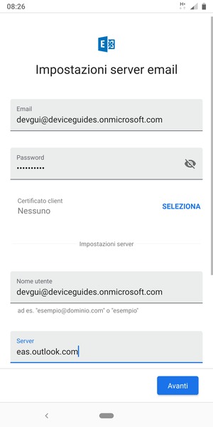 Inserisci Nome utente e l'indirizzo del server Exchange. Seleziona Avanti