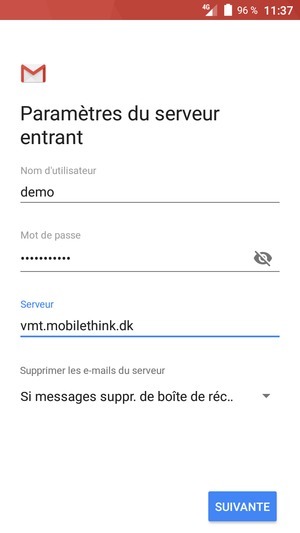 Saisissez votre Nom d'utilisateur et l'adresse du serveur entrant. Sélectionnez SUIVANTE