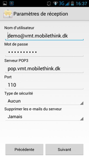 Saisissez votre Nom d'utilisateur et l'adresse du serveur entrant. Sélectionnez Suivant