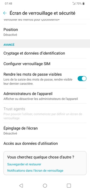 Pour modifier le code PIN de la carte SIM, retournez dans le menu Écran de verrouillage et sécurité et sélectionnez Configurer verrouillage SIM