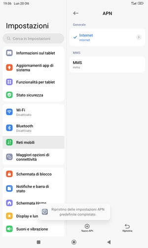 Le impostazioni del tuo telefono saranno ripristinate secondo le impostazioni MMS predefinite