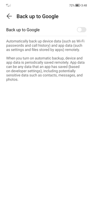 Turn on Back up to Google
