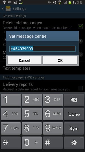 Enter the Message centre number and select OK