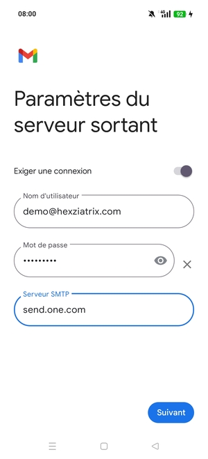 Saisissez l'adresse du serveur sortant et sélectionnez Suivant
