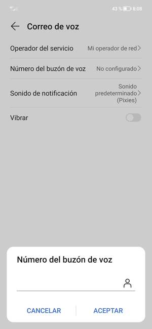 Introduzca el Número del buzón de voz y seleccione ACEPTAR