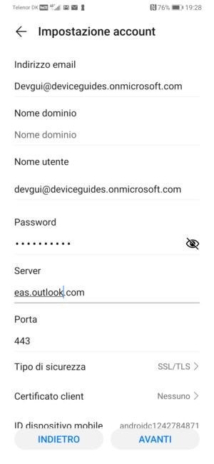 Inserisci l'indirizzo del server Exchange e seleziona AVANTI