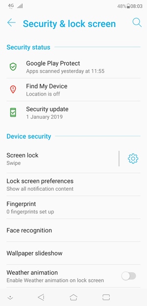 To activate your screen lock, go to the Security & location menu and select Screen lock