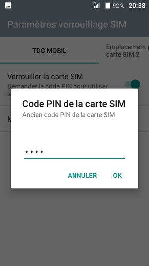 Saisissez votre Ancien code PIN de la carte SIM et sélectionnez OK