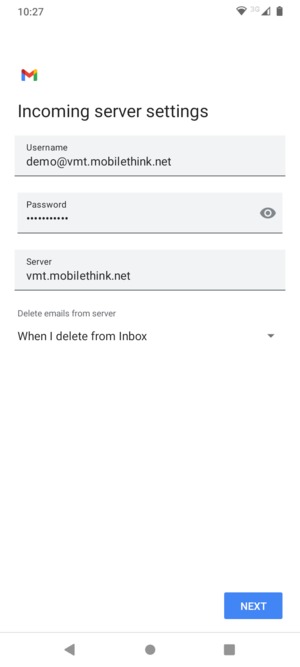Enter Username and Incoming server address. Select NEXT