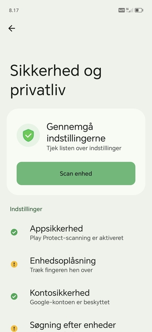 For at aktivere din skærmlås, gå til menuen Sikkerhed og personlige oplysninger og vælg Enhedsoplåsning