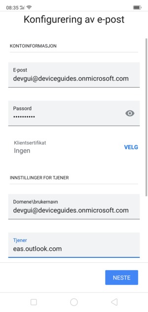 Skriv inn Brukernavn og Exchange serveradresse. Velg NESTE